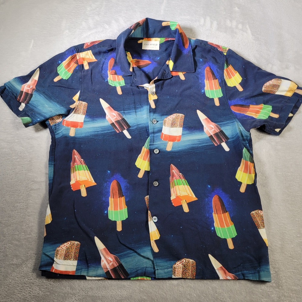 Far Afield Button Up Shirt Mens 3 Large Blue Popsicle Galaxy Print Lyocell